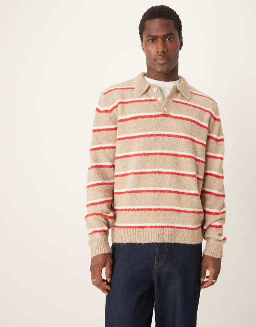 ASOS DESIGN relaxed boxy fit textured polo jumper with stripe in stone