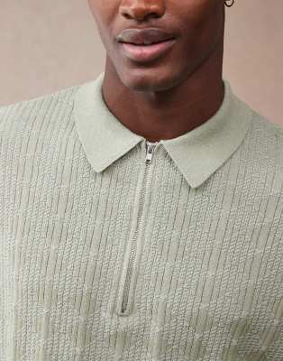 Asos Design Relaxed Boxy Fit Textured Quarter Zip Polo In Green