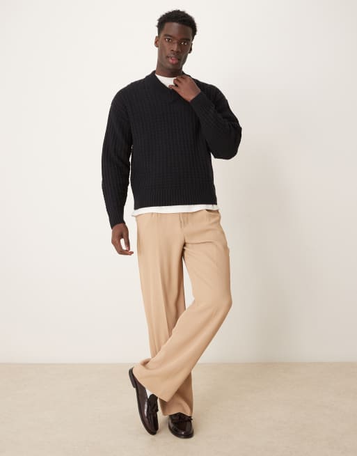 ASOS DESIGN relaxed boxy fit waffle knit v neck sweater in navy | ASOS
