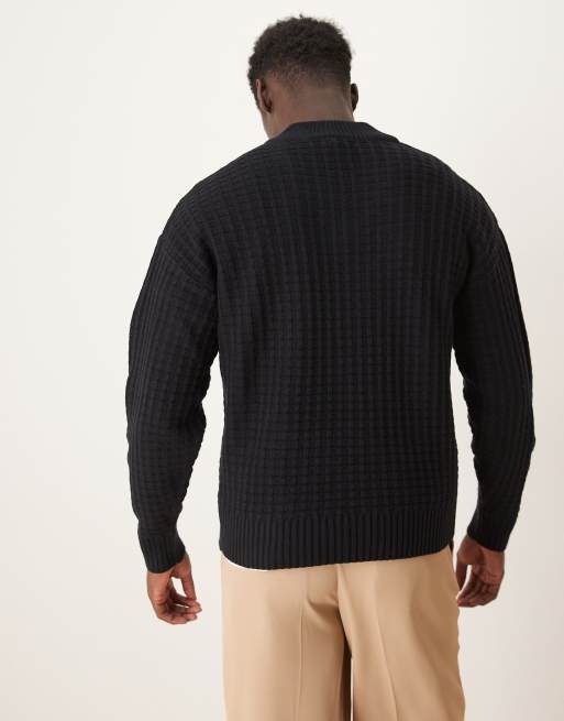 ASOS DESIGN relaxed boxy fit waffle knit v neck sweater in navy | ASOS