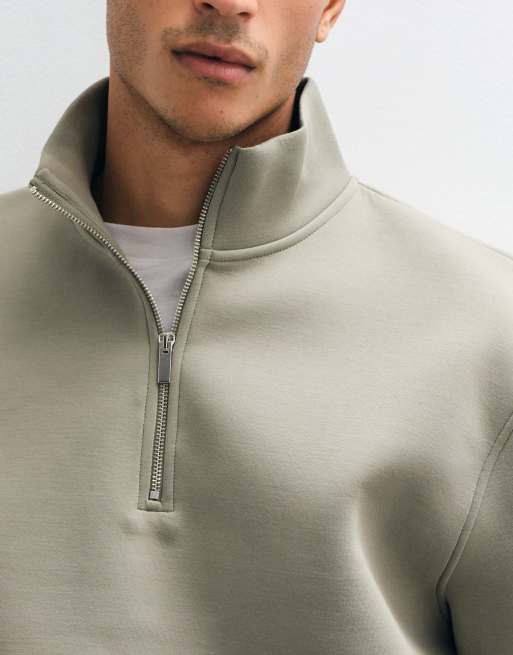 ASOS DESIGN relaxed boxy funnel half zip in scuba-style fabric in khaki, 2 of 5
