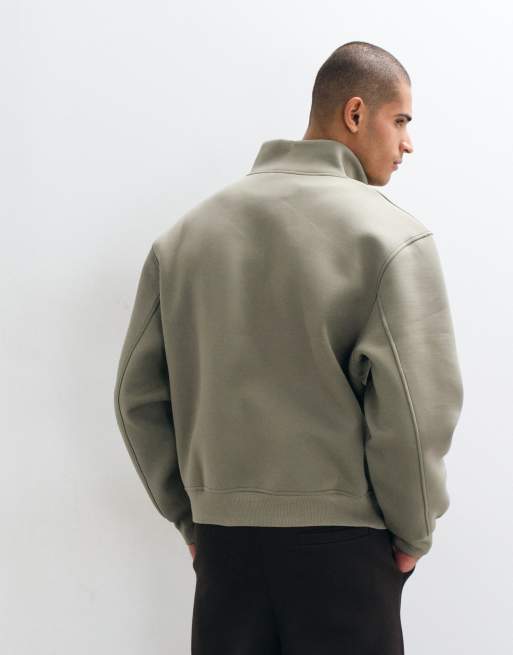 ASOS DESIGN relaxed boxy funnel half zip in scuba-style fabric in khaki, 5 of 5