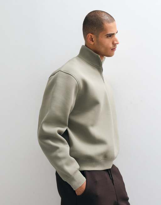 ASOS DESIGN relaxed boxy funnel half zip sweatshirt in scuba-style fabric in khaki, 3 of 5
