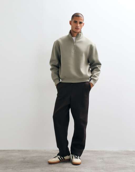 ASOS DESIGN relaxed boxy funnel half zip sweatshirt in scuba-style fabric in khaki, 4 of 5