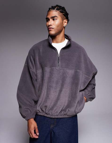 ASOS DESIGN relaxed boxy funnel neck quarter zip fleece sweatshirt in grey - view 1