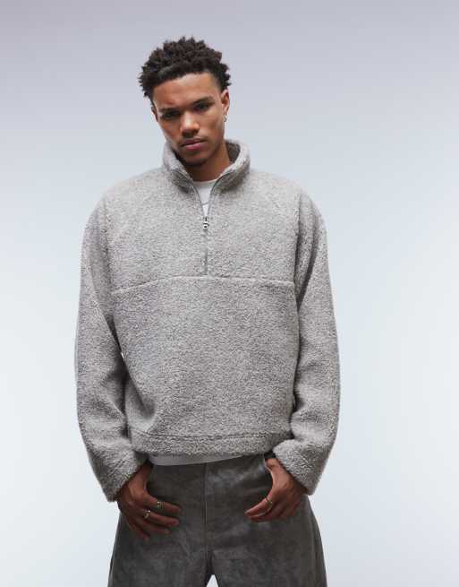 ASOS DESIGN relaxed boxy funnel neck quarter zip marl borg sweatshirt in beige - BEIGE