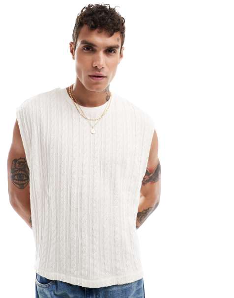 ASOS DESIGN relaxed boxy heavyweight cable knit tank top in white - view 1