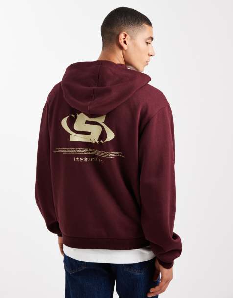 ASOS DESIGN relaxed boxy hoodie with back print in burgundy - view 1