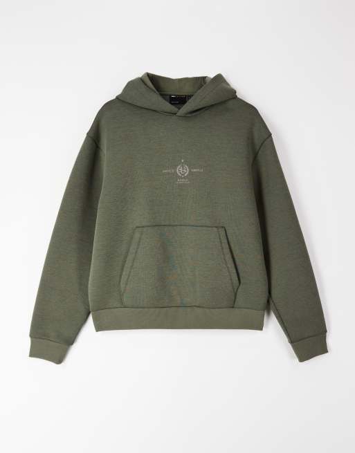 ASOS DESIGN relaxed boxy hoodie with front and back text print in dusty olive