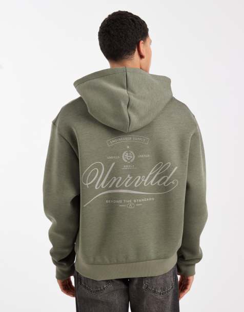 ASOS DESIGN relaxed boxy hoodie with text print in khaki in scuba-style fabric - view 1