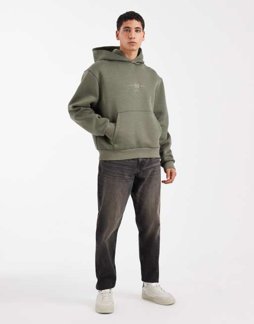 ASOS DESIGN relaxed boxy hoodie with text print in khaki in scuba-style fabric, 2 of 5