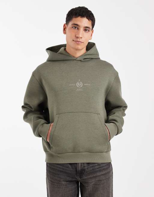 ASOS DESIGN relaxed boxy hoodie with text print in khaki in scuba-style fabric, 3 of 5