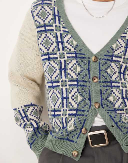 ASOS DESIGN relaxed boxy knit cardigan with geometric pattern in stone, 3 of 4