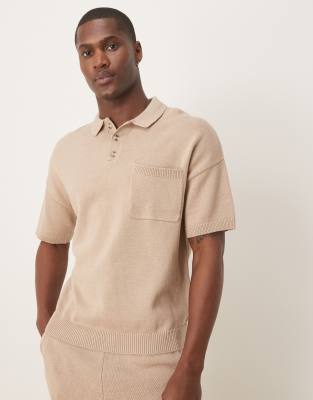 Asos Design Relaxed Boxy Fit Knitted Polo With Chest Pocket And Embroidery Text In Neutral