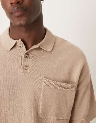 Asos Design Relaxed Boxy Fit Knitted Polo With Chest Pocket And Embroidery Text In Neutral