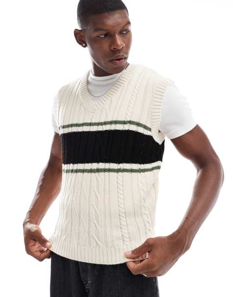 ASOS DESIGN relaxed boxy knitted tank top with stripe contrast in ecru - view 1