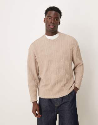 ASOS DESIGN ASOS DESIGN relaxed boxy lightweight jumper with cable texture in biscuit-Grey