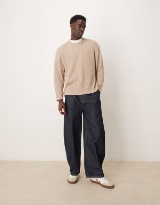 ASOS DESIGN relaxed boxy lightweight jumper with cable texture in biscuit