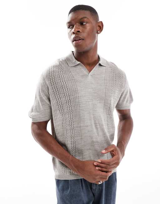 ASOS DESIGN relaxed boxy lightweight knitted polo shirt with vertical panels in gray