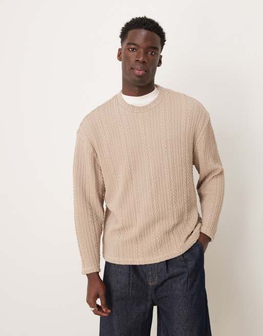 ASOS DESIGN relaxed boxy lightweight sweater with cable texture in biscuit