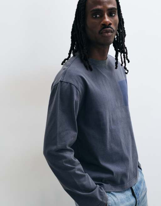 ASOS DESIGN relaxed boxy long sleeve t-shirt with shadow pocket in washed navy, 3 of 5