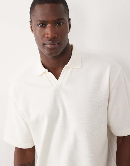 ASOS DESIGN relaxed boxy oversized notch polo with hem band in cream texture, 3 of 5