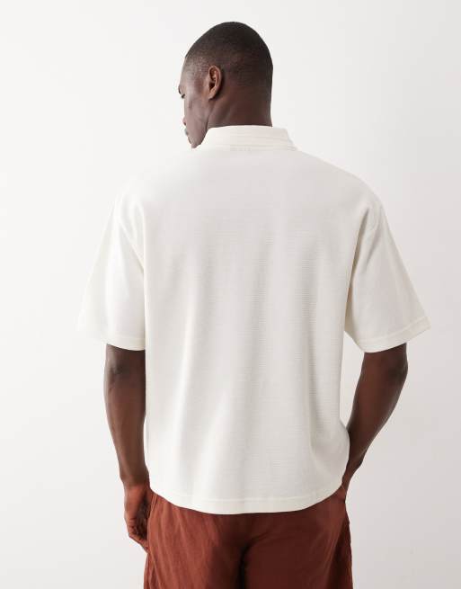 ASOS DESIGN relaxed boxy oversized notch polo with hem band in cream texture, 5 of 5