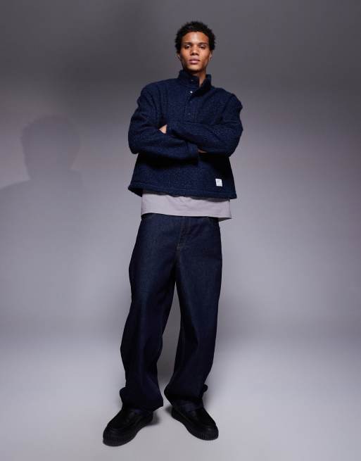 ASOS DESIGN relaxed boxy polo funnel neck sweatshirt in borg with workwear badge in navy, 2 of 5