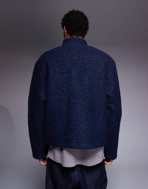 ASOS DESIGN relaxed boxy polo funnel neck sweatshirt in borg with workwear badge in navy, 3 of 5