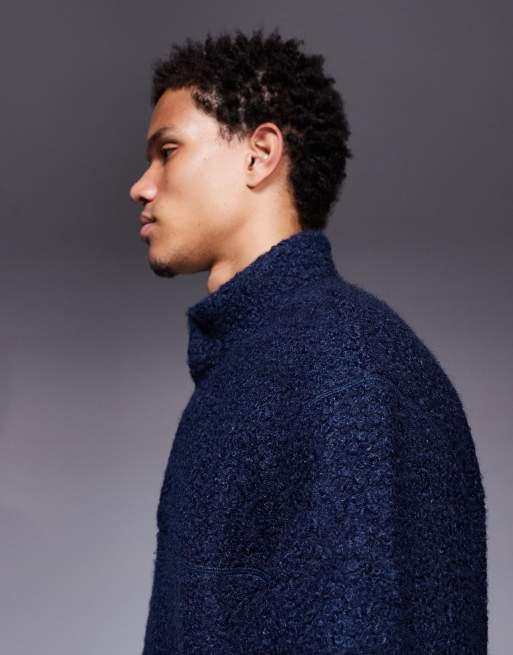 ASOS DESIGN relaxed boxy polo funnel neck sweatshirt in borg with workwear badge in navy, 4 of 5