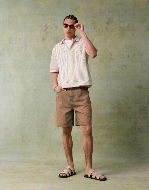 ASOS DESIGN relaxed boxy polo in white and brown textured stripe, 2 of 4
