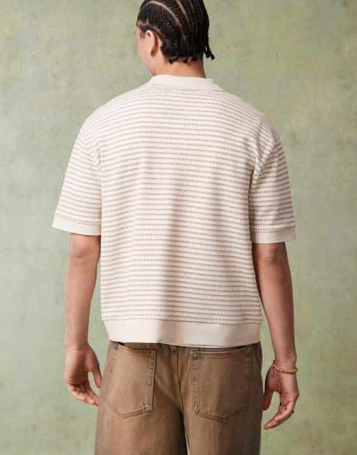 ASOS DESIGN relaxed boxy polo in white and brown textured stripe, 3 of 4