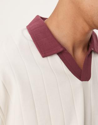 Asos Design Relaxed Boxy Rib Knit Polo T-shirt With Contrast Collar In White
