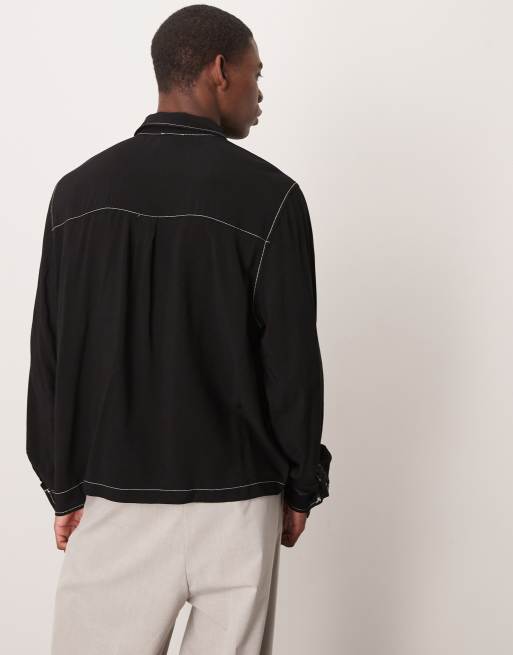ASOS DESIGN relaxed boxy shirt with contrast stitching in black, 3 of 4