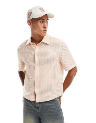 Asos Design Relaxed Boxy Shirt With Short Sleeves In Neutral Stripe - Cotton Linen Blend