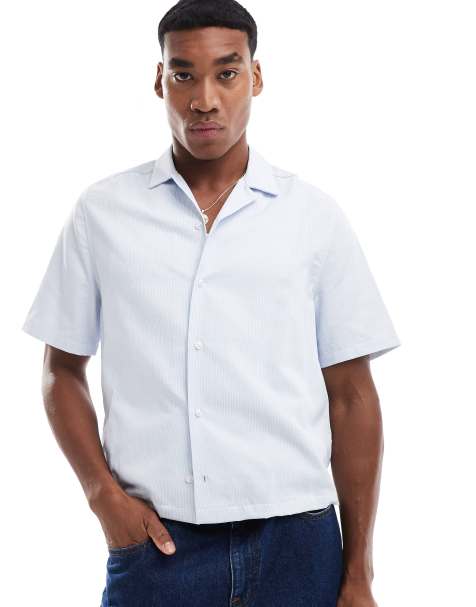 ASOS DESIGN relaxed boxy short sleeve shirt in blue stripe - view 1