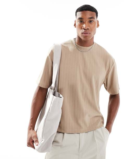 ASOS DESIGN relaxed boxy T-shirt in beige pinstripe - part of a set - view 1