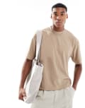 [ASOS DESIGN] ASOS DESIGN relaxed boxy t-shirt in beige pinstripe (part of a set)-Neutral XL CAMEL