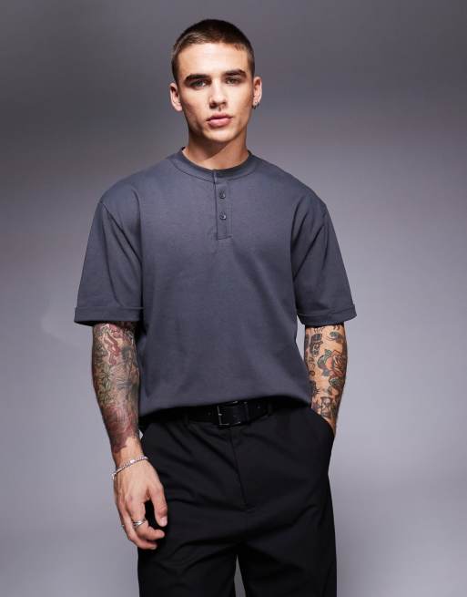 ASOS DESIGN relaxed boxy T-shirt with henley neck and roll sleeves in charcoal