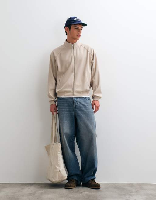 ASOS DESIGN relaxed boxy textured funnel neck zip through in light beige, 2 of 5