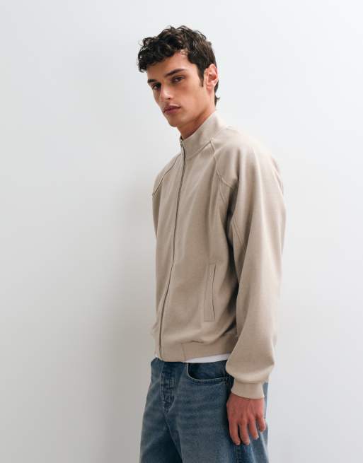 ASOS DESIGN relaxed boxy textured funnel neck zip through in light beige, 3 of 5