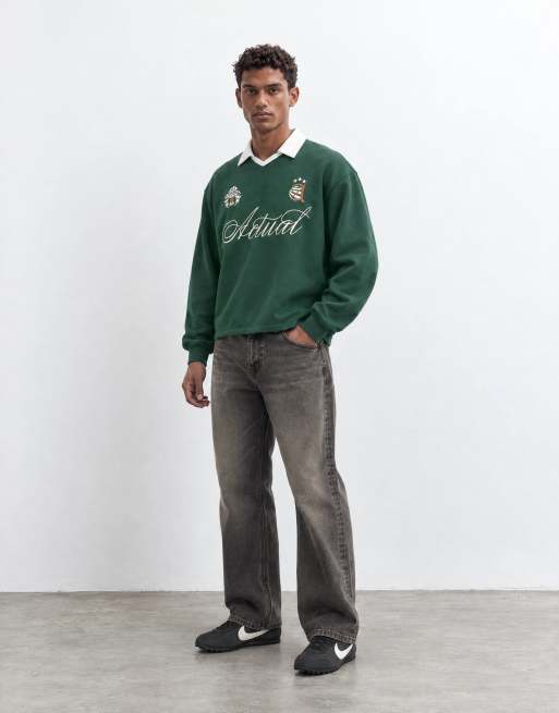 ASOS DESIGN relaxed boxy v neck rugby polo with embroidery print in green, 10 of 10