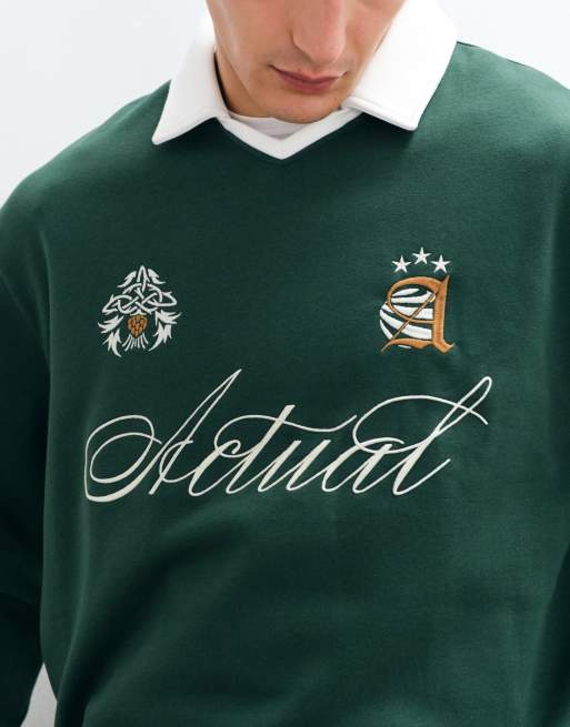 ASOS DESIGN relaxed boxy v neck rugby polo with embroidery print in green, 3 of 10