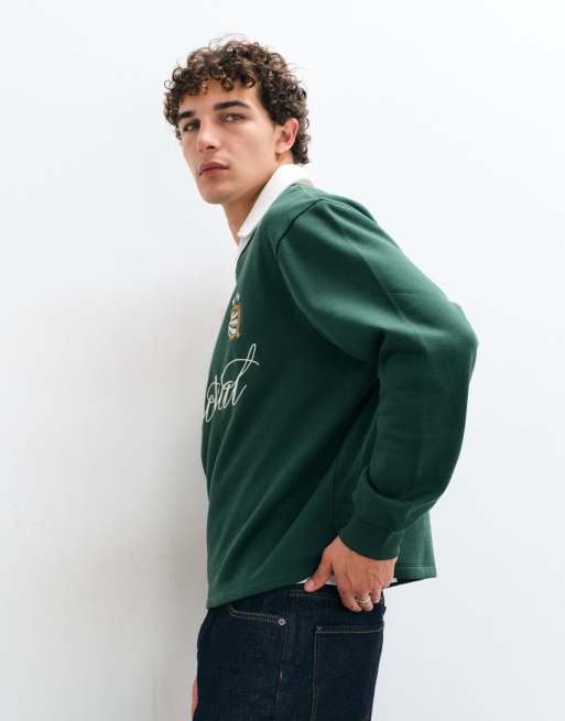ASOS DESIGN relaxed boxy v neck rugby polo with embroidery print in green, 4 of 10