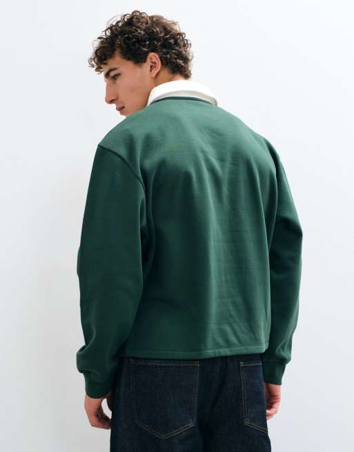ASOS DESIGN relaxed boxy v neck rugby polo with embroidery print in green, 5 of 10