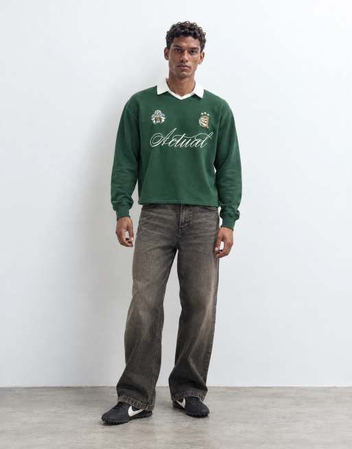 ASOS DESIGN relaxed boxy v neck rugby polo with embroidery print in green, 6 of 10