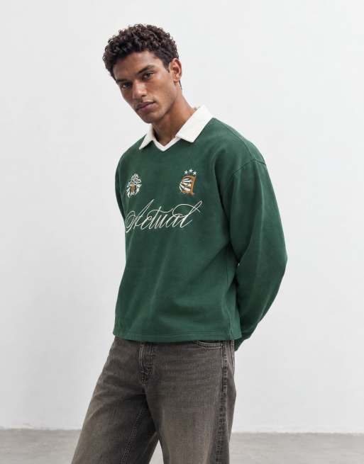 ASOS DESIGN relaxed boxy v neck rugby polo with embroidery print in green, 7 of 10