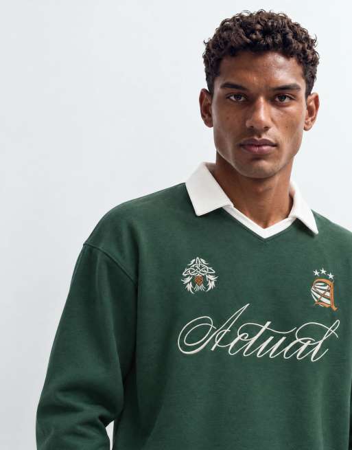 ASOS DESIGN relaxed boxy v neck rugby polo with embroidery print in green, 8 of 10
