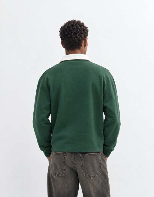 ASOS DESIGN relaxed boxy v neck rugby polo with embroidery print in green, 9 of 10