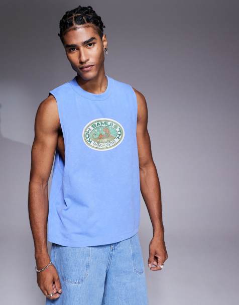 ASOS DESIGN relaxed boxy vest in heavyweight 220gsm with front graphic in blue - view 1